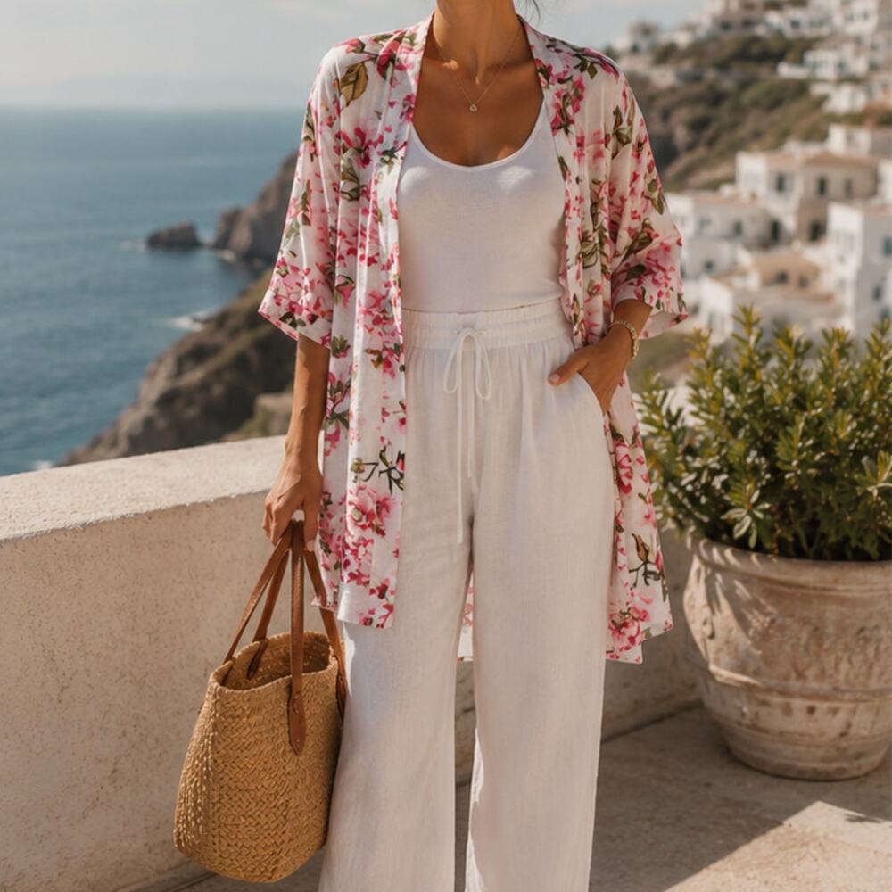 Floral Duster Coverup Womens M Romantic Boho Beachy Layering Wide Sleeve Hi-Low